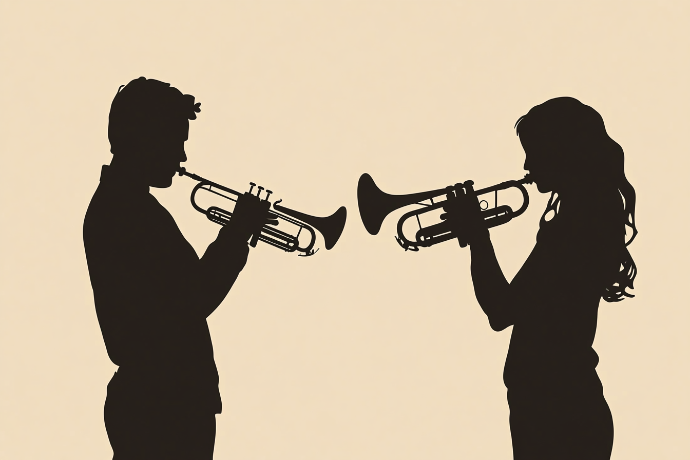 afbeelding van man die trompet speelt versus vrouw die bugel speelt